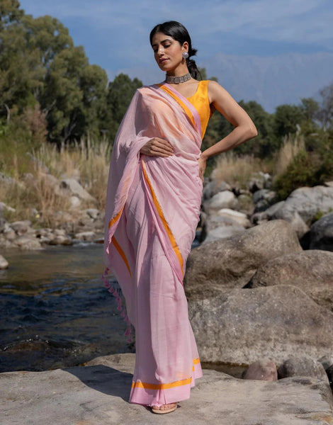 Soft Mul Cotton Pink Saree With Tassels