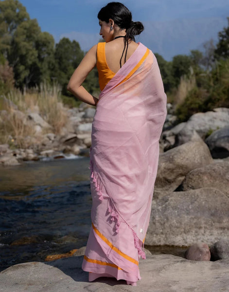 Soft Mul Cotton Pink Saree With Tassels