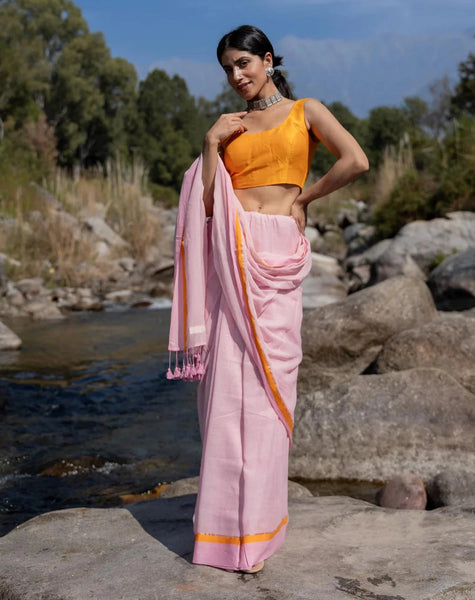Soft Mul Cotton Pink Saree With Tassels