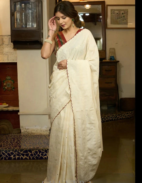 HAKOBA COTTON SAREE WITH EMBROIDERED DOTS AND SCALLOPS