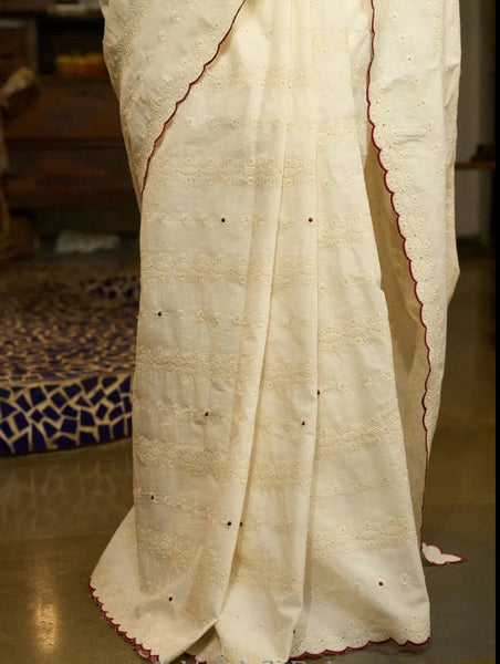 HAKOBA COTTON SAREE WITH EMBROIDERED DOTS AND SCALLOPS