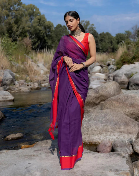 Soft Mul Cotton Purple Saree With Tassels