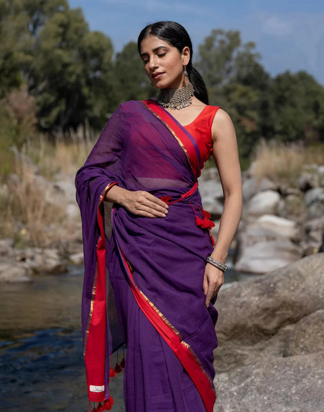 Soft Mul Cotton Purple Saree With Tassels