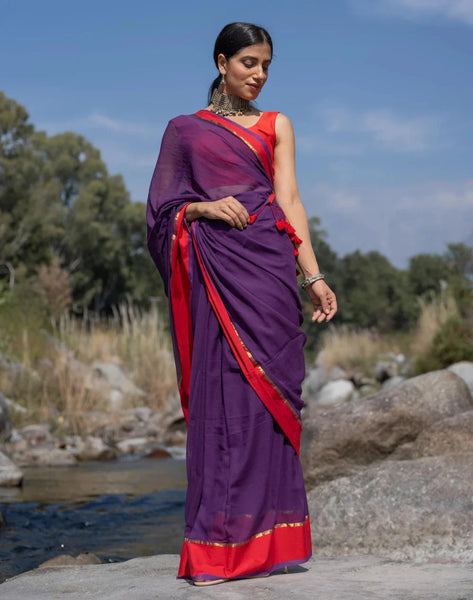 Soft Mul Cotton Purple Saree With Tassels