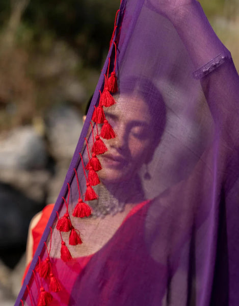 Soft Mul Cotton Purple Saree With Tassels