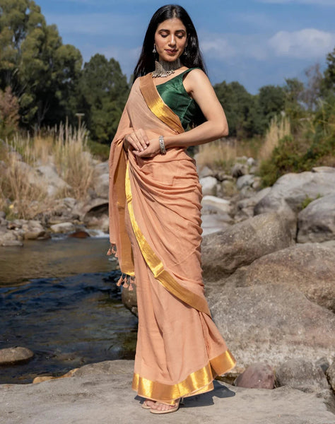 Soft Mul Cotton Beige Saree With Tassels