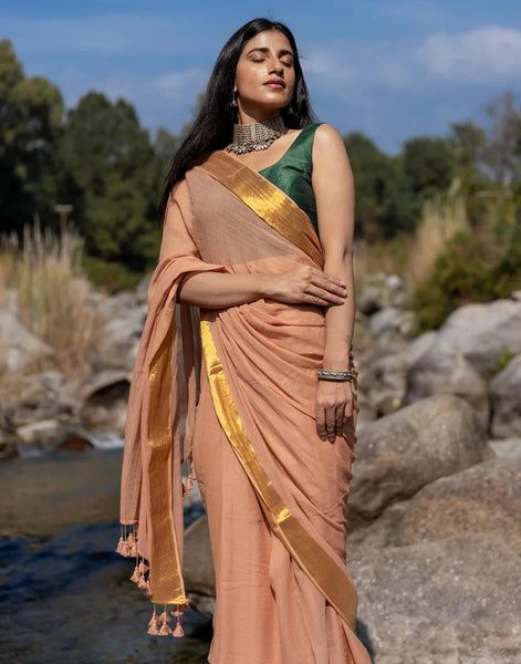 Soft Mul Cotton Beige Saree With Tassels