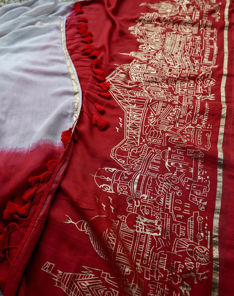 White And Red Mulmul Cotton Saree With Foil Printed Border