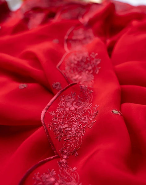 Red Viscose Organza Embroidery Saree With Sequins