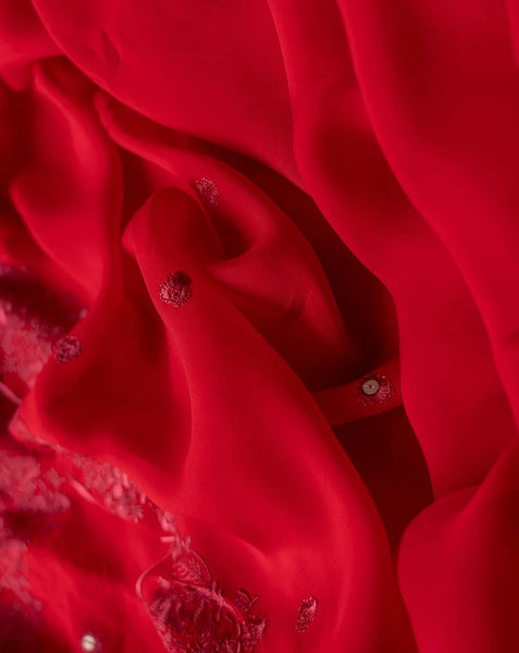 Red Viscose Organza Embroidery Saree With Sequins