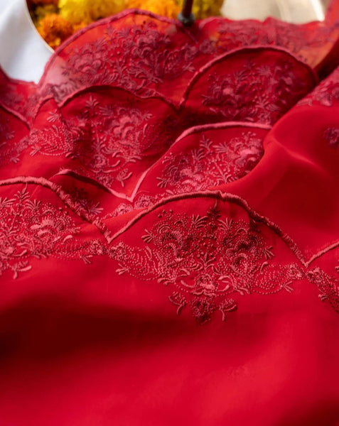 Red Viscose Organza Embroidery Saree With Sequins