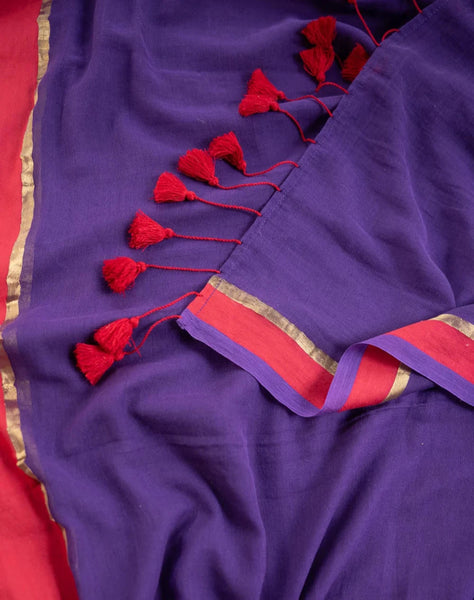 Soft Mul Cotton Purple Saree With Tassels