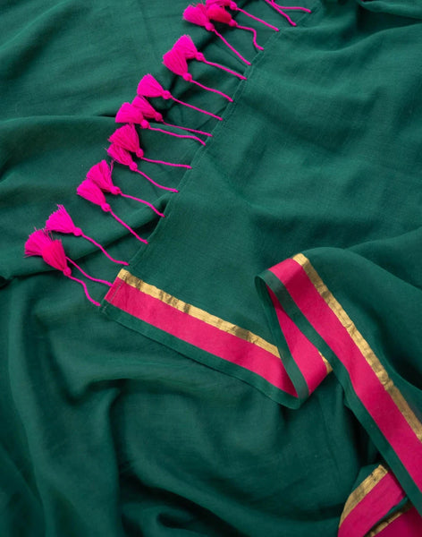 Soft Mul Cotton Green Saree With Tassels
