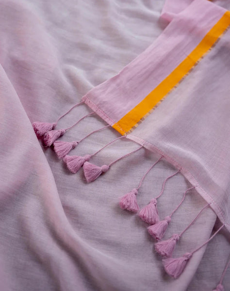Soft Mul Cotton Pink Saree With Tassels