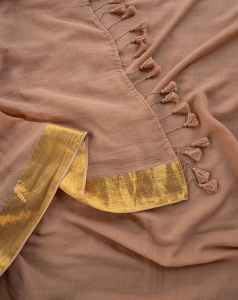 Soft Mul Cotton Beige Saree With Tassels