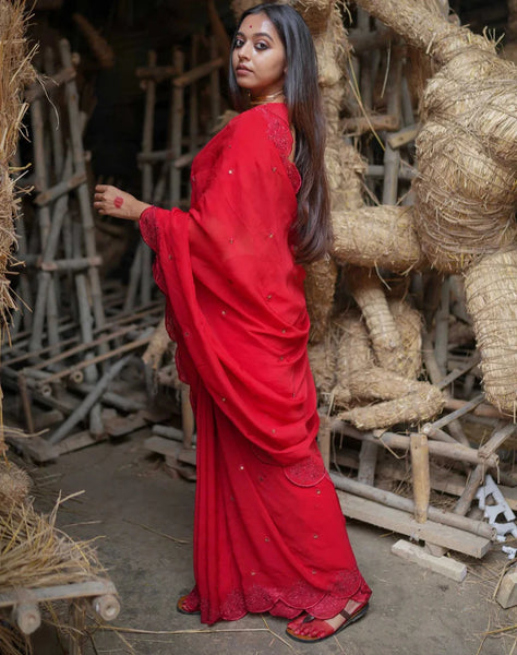 Red Viscose Organza Embroidery Saree With Sequins