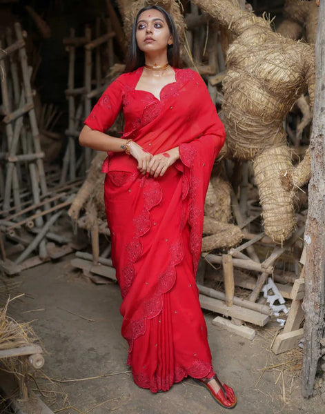 Red Viscose Organza Embroidery Saree With Sequins