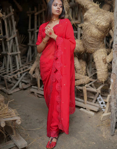 Red Viscose Organza Embroidery Saree With Sequins