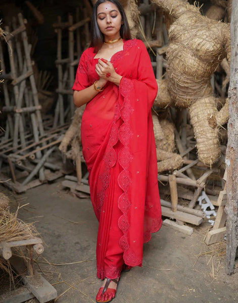 Red Viscose Organza Embroidery Saree With Sequins