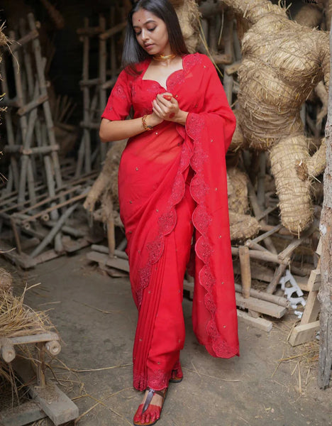 Red Viscose Organza Embroidery Saree With Sequins