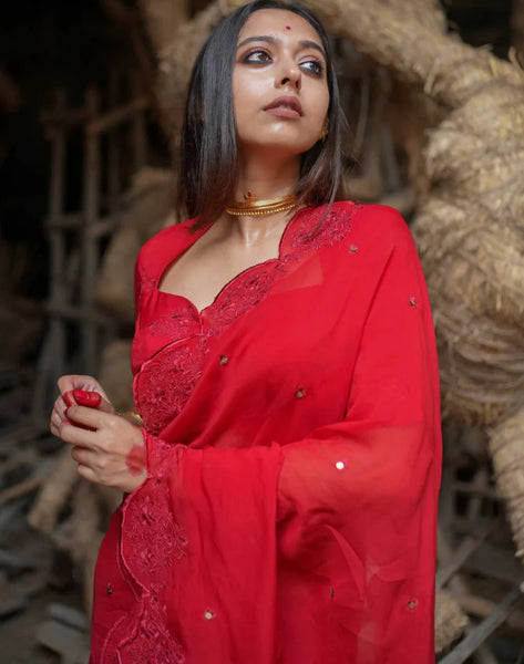 Red Viscose Organza Embroidery Saree With Sequins