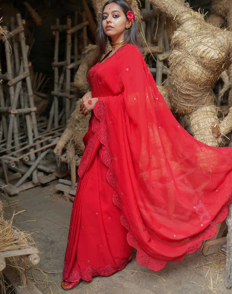 Red Viscose Organza Embroidery Saree With Sequins