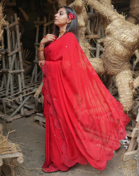 Red Viscose Organza Embroidery Saree With Sequins