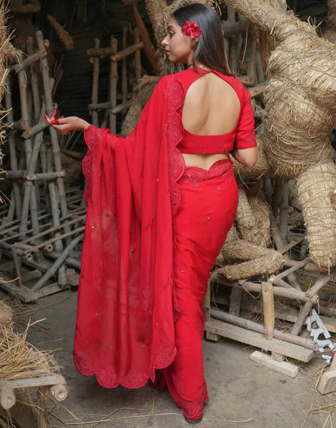Red Viscose Organza Embroidery Saree With Sequins