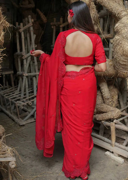 Red Viscose Organza Embroidery Saree With Sequins