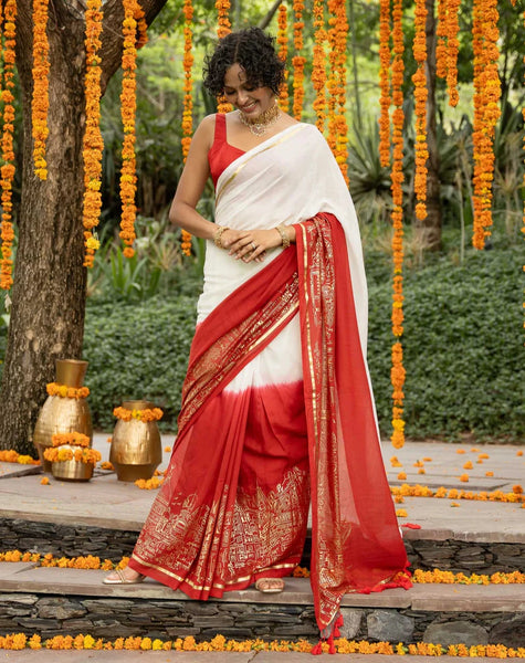 White And Red Mulmul Cotton Saree With Foil Printed Border