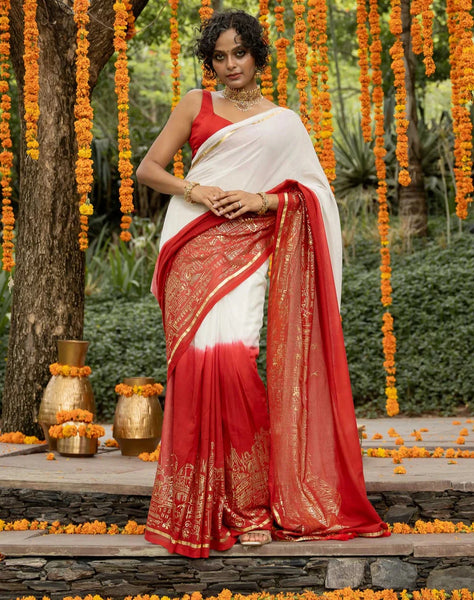 White And Red Mulmul Cotton Saree With Foil Printed Border