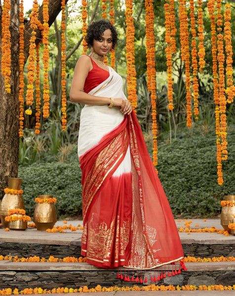White And Red Mulmul Cotton Saree With Foil Printed Border