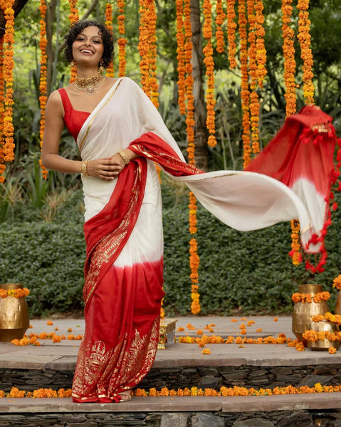 White And Red Mulmul Cotton Saree With Foil Printed Border