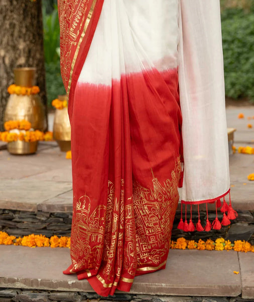 White And Red Mulmul Cotton Saree With Foil Printed Border