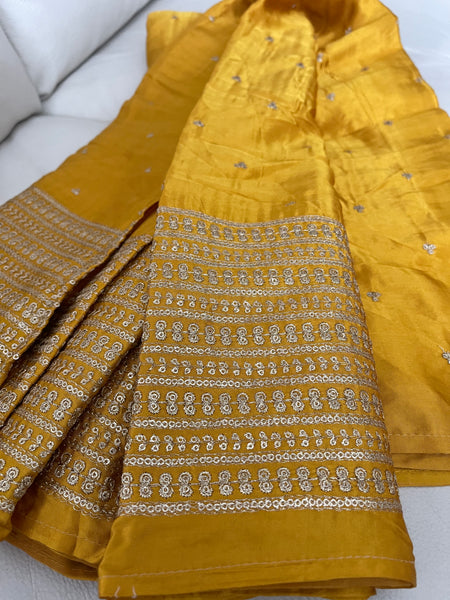 YELLOW GAJI SILK WITH GOLD EMBELLISHED SEQUINS EMBROIDERED BORDER SAREE