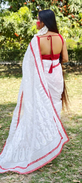White Dhakai jamdani with Red Lace Border