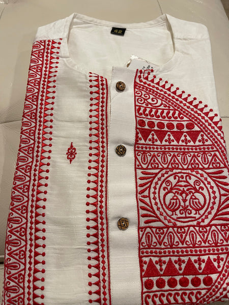 White and Red Embroidered Colored Kurta Pajama