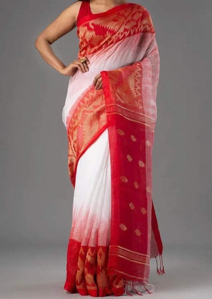 WHITE & RED ORGANIC LINEN JAMDANI SAREE