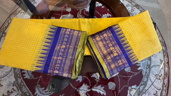 Yellow and Blue Pure Cotton Handloom Gadwal