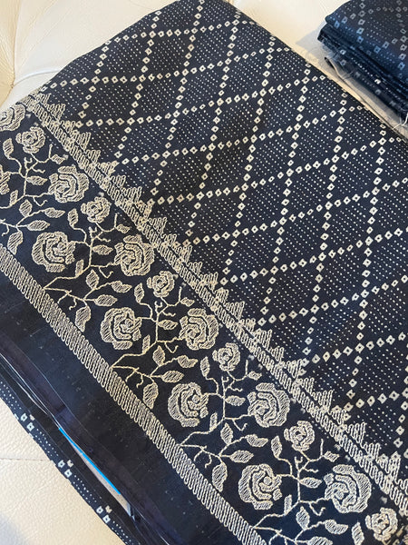 Black and Cream Tussar Silk Saree with Embroidery