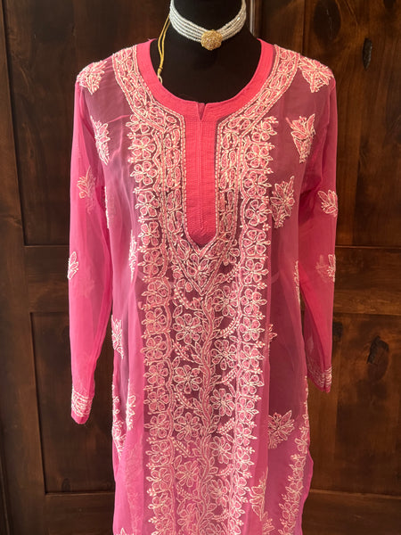 Pink Georgette Lucknowi Chikankari long Kurti