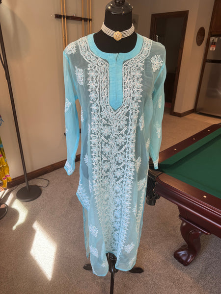 Sky Blue Georgette Lucknowi Chikankari long Kurti