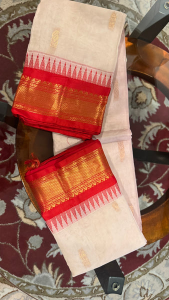 White and Red Cotton Gadwal Saree