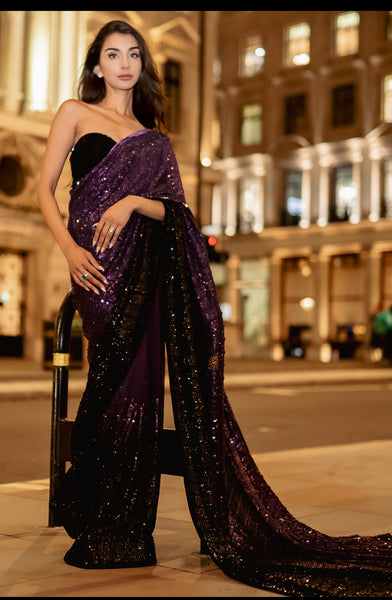 Deep Royal Purple Ombre Georgette Sequins Saree