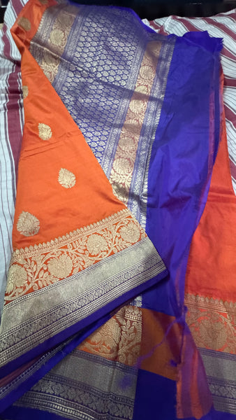 Pure Katan Silk Handloom Saree in Orange and Deep Purplish Blue