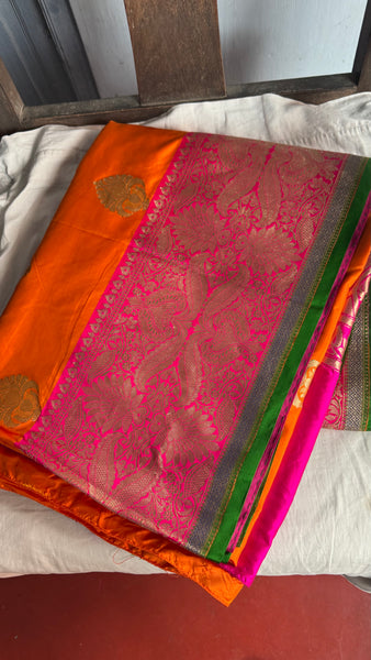 Pure Katan Silk Handloom Saree in Orange and Pink and Green