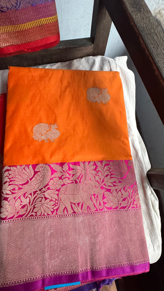 Pure Peacock Elephant Katan Silk Saree in Orange, Pink, and Magenta