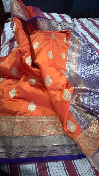 Pure Katan Silk Handloom Saree in Orange and Deep Purplish Blue