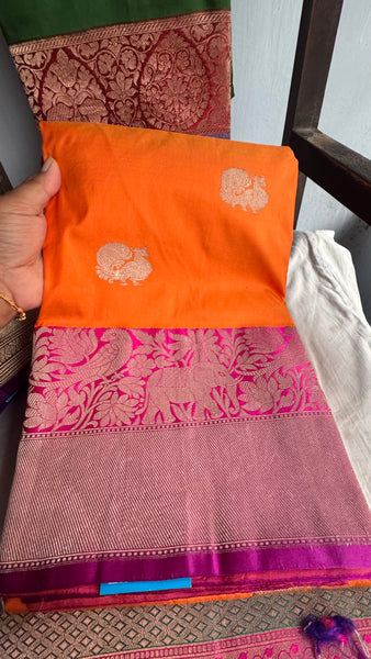 Pure Peacock Elephant Katan Silk Saree in Orange, Pink, and Magenta