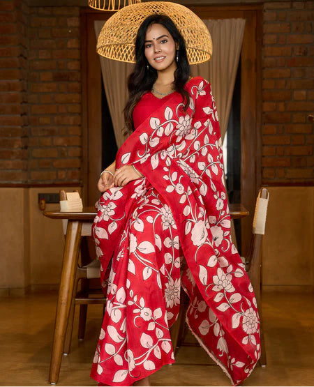 PURE SILK SAREE FEATURING TIMELESS KALAMKARI FLORAL ARTWORK